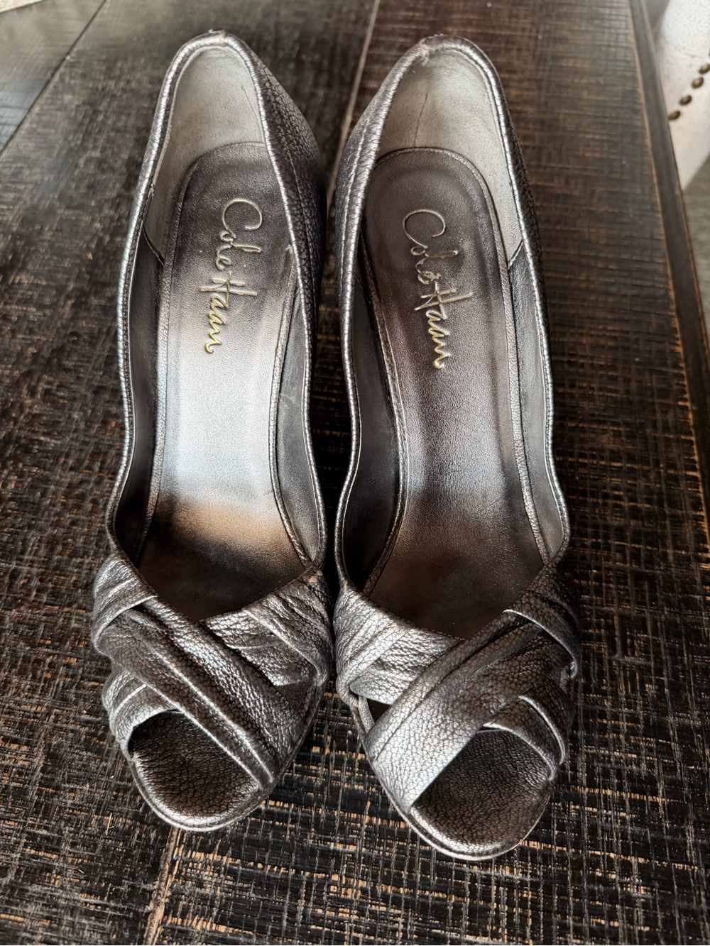 Cole Haan Silver Metallic Peep-Toe Heels